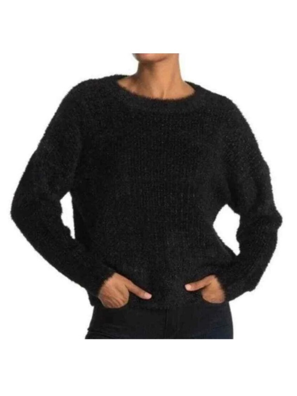 Anthropologe FRNCH Eyelash Metallic Knit Pullover Boxy Sweater Black Medium/Larg